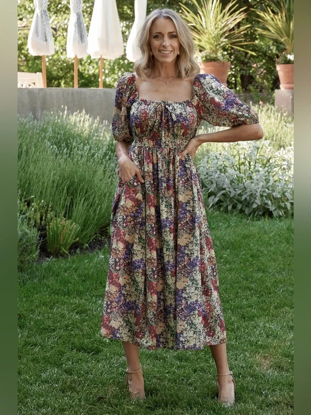 EUC Baltic Born Eden Dress Multi-Color Floral Puff Sleeve Square Neck Midi Dress - Picture 1 of 14